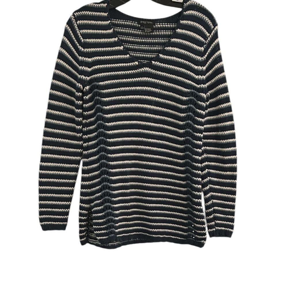 Etcetera 100% Cotton V-Neck Blue White Striped Sweater Size Small